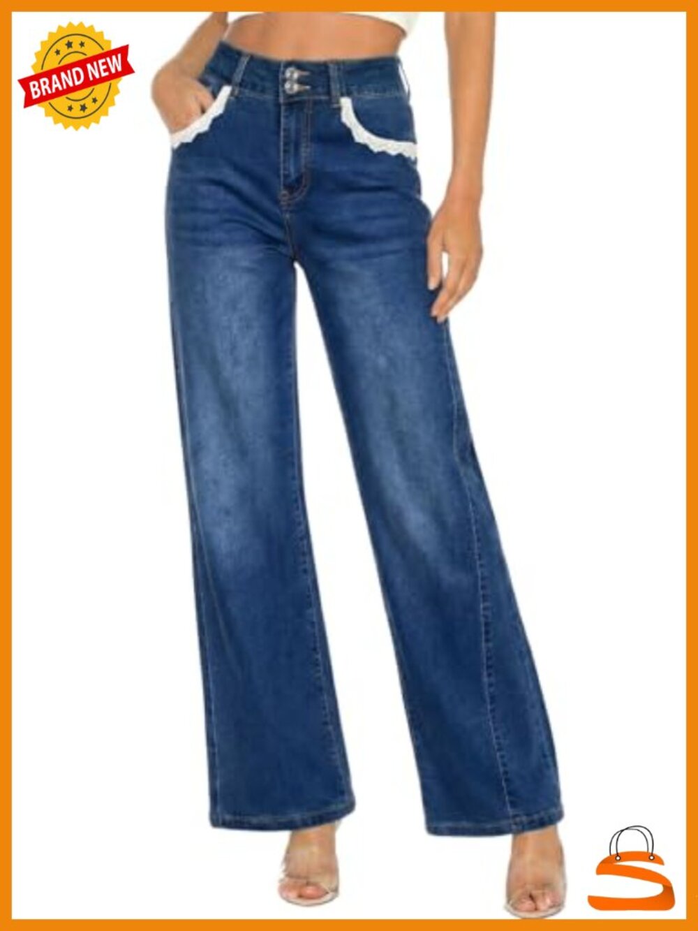 Wide Leg High Waisted Stretchy Straight Leg Jean Denim Pants with Lace Pockets